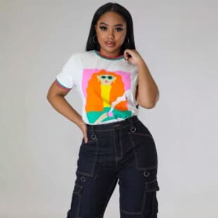 TY034 White Round Neck Short Sleeve T-Shirt for Women, 3D Print Hot Girl Style Summer New Trendy Loose Fit