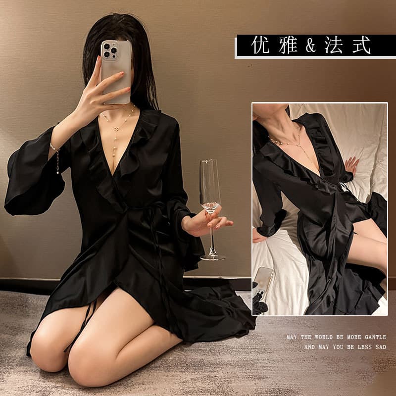 "Tyrant Queen" sexy French-style deep V-neck morning robe, ice silk bathrobe, pure and alluring home cardigan nightgown, dropshipping available.