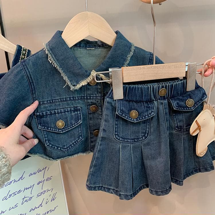 Girls denim suit summer 2024 new Korean style children's short denim top baby pleated skirt two-piece set
