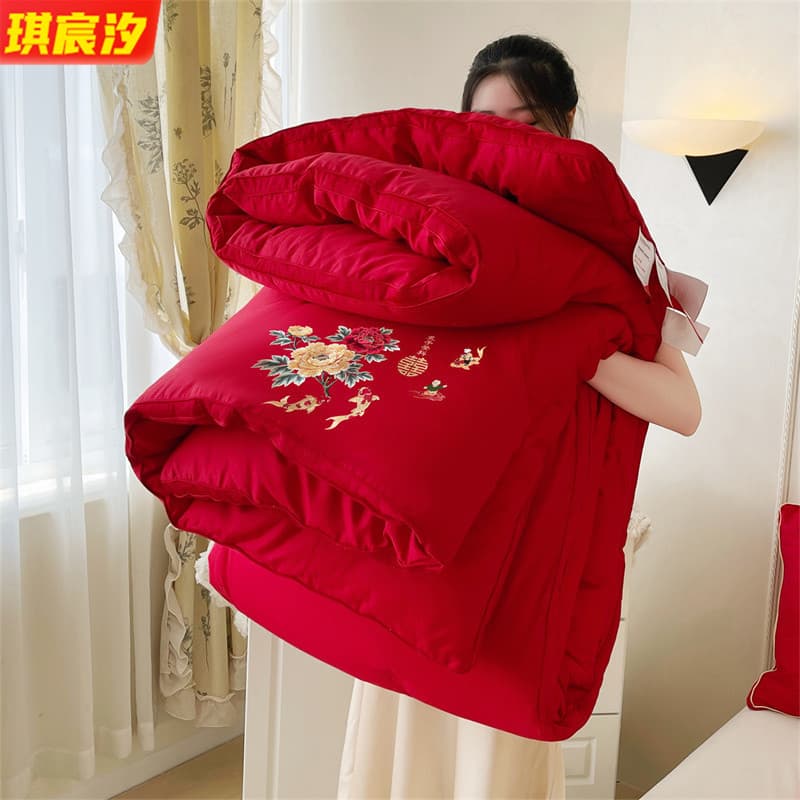Wedding Winter Cotton Quilt with Embroidery and 3D Design, Red Comforter Core for All Seasons, Soybean Fiber Blend