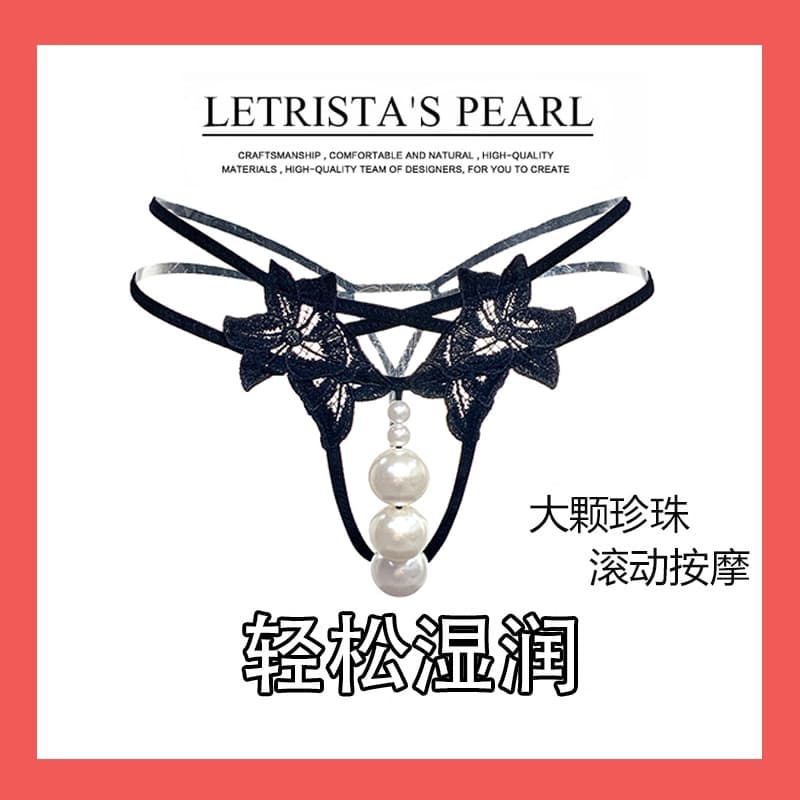 Sexy Underwear Large Pearl Panties for Women, One-Piece Lace Thong with Double Row Large Pearls, Pearl T-Back