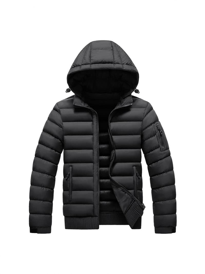 Men's Casual Detachable Hood Cotton Jacket with Ribbed Quilted Pattern, Lightweight Warm Winter Coat