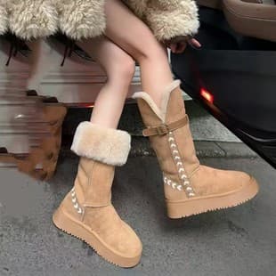 Thick-Soled Snow Boots for Women 2025 Winter Fleece-Lined Thick Warm Versatile Belt Buckle Mid-Calf Martin Boots Northeast Cotton Boots