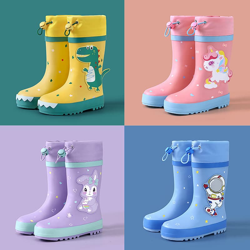 Beimei Children's Rain Boots Ready Stock Wholesale Rubber Cartoon Dinosaur Cute Boys Girls Waterproof Anti-slip High-top Rain Boots