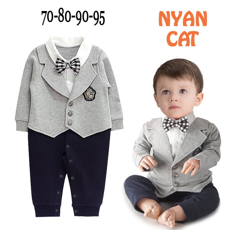 New Autumn Long-Sleeve Gray Gentleman Bow Tie Bodysuit for Baby Boy