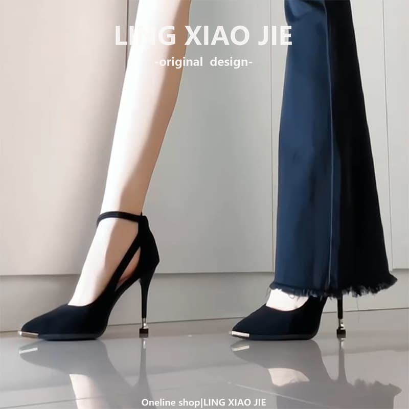 Suede Black High Heels for Coming-of-Age Ceremony, Wide and Extra-Wide, Pointed Toe, Elegant One-Strap Professional Work Shoes, Plus Size
