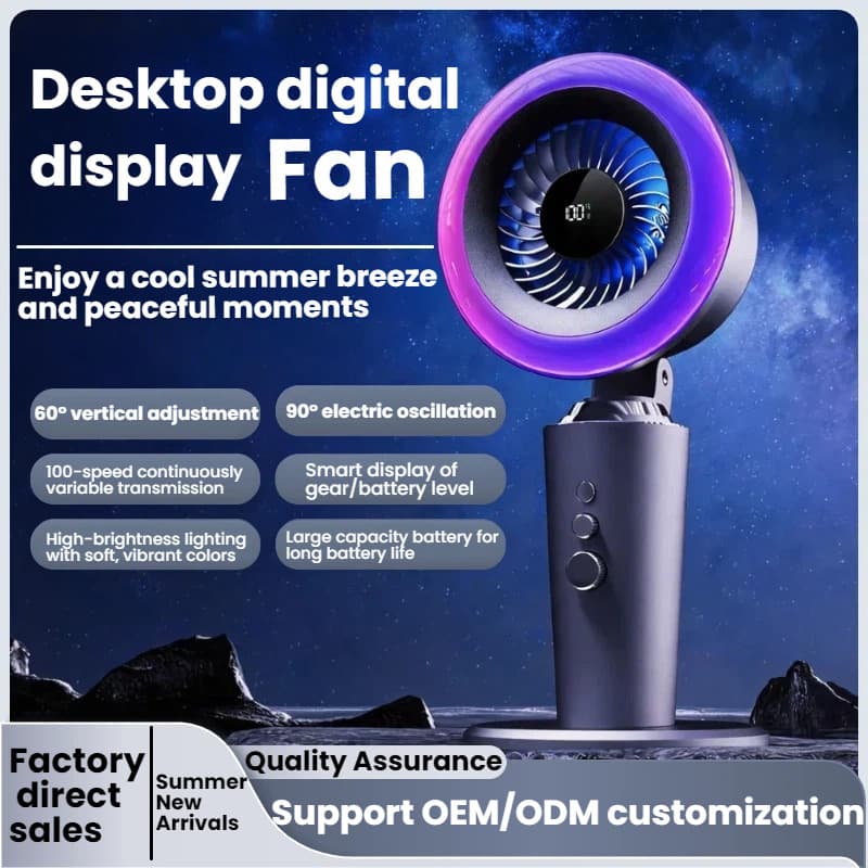 Desktop Fan Rechargeable Digital Display LED Light 90° Swing