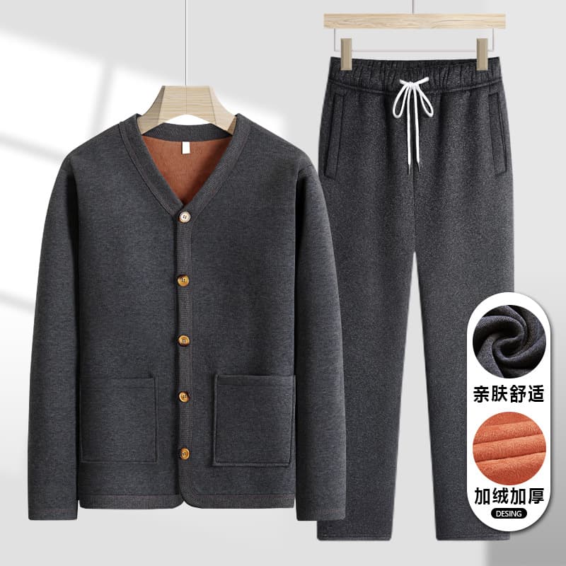 Middle-Aged and Elderly Casual V-Neck Jacket Men's Super Soft Fleece Set Dad Cardigan Spring/Autumn Outfit Elderly Grandpa Plus Size