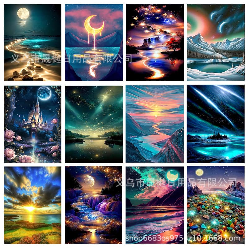 Cross-border Seaside Night View Diamond Painting Set, Round Drill Full Drill Square Drill Living Room Bedroom Decorative Painting DIY Wholesale