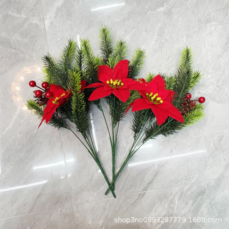 Private Label Cross-border Hot Seller Holly Leaves Poinsettia Berries Pinecone Bundles Christmas Artificial Flower Arrangement Decoration Factory Direct