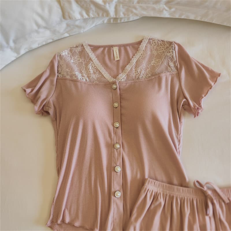 Palace Style Lace Cardigan Short-Sleeved Shorts Pajamas for Women Summer with Breast Pads Girls Casual Fashion Home Clothes