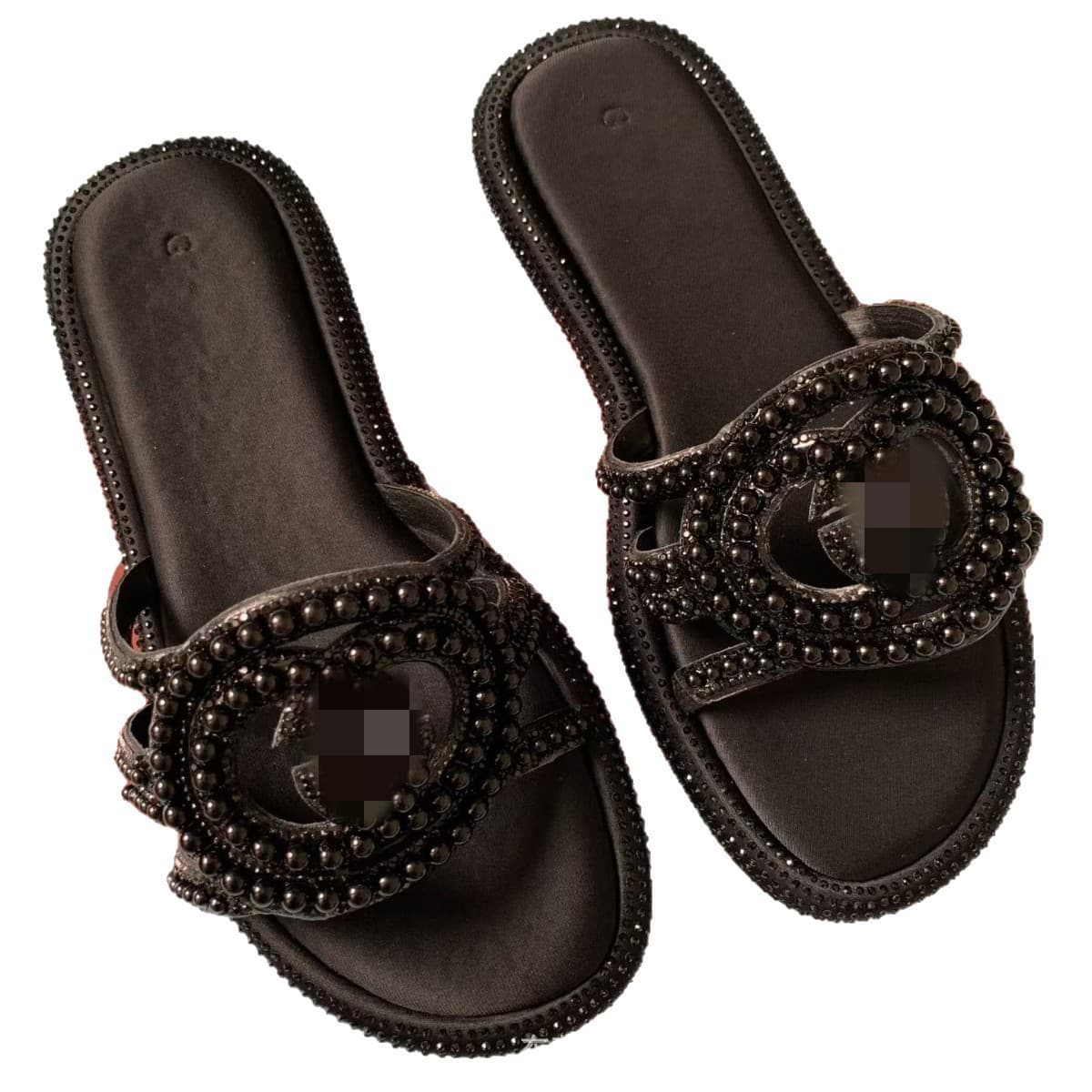 Women's Slippers with Pearl Rhinestones Flat Sandals Cross-border Fashion European American G Letter Women's Slippers