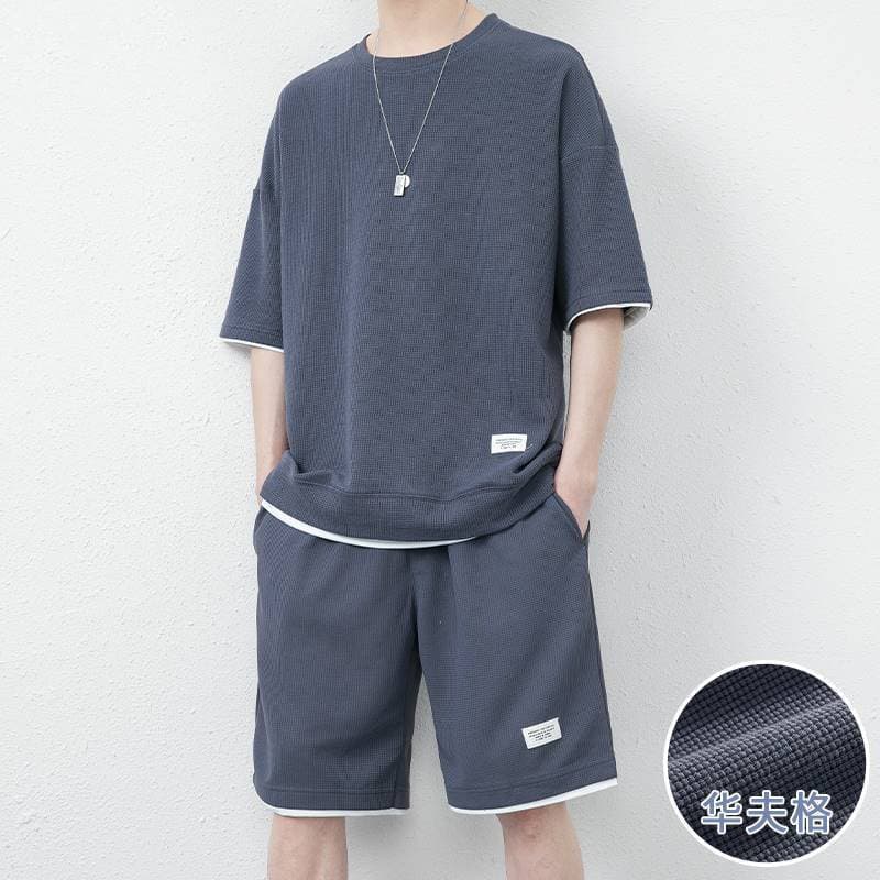 Waffle Casual Set for Men Summer Ice Silk Short Sleeve T-Shirt Matching Stylish Sportswear