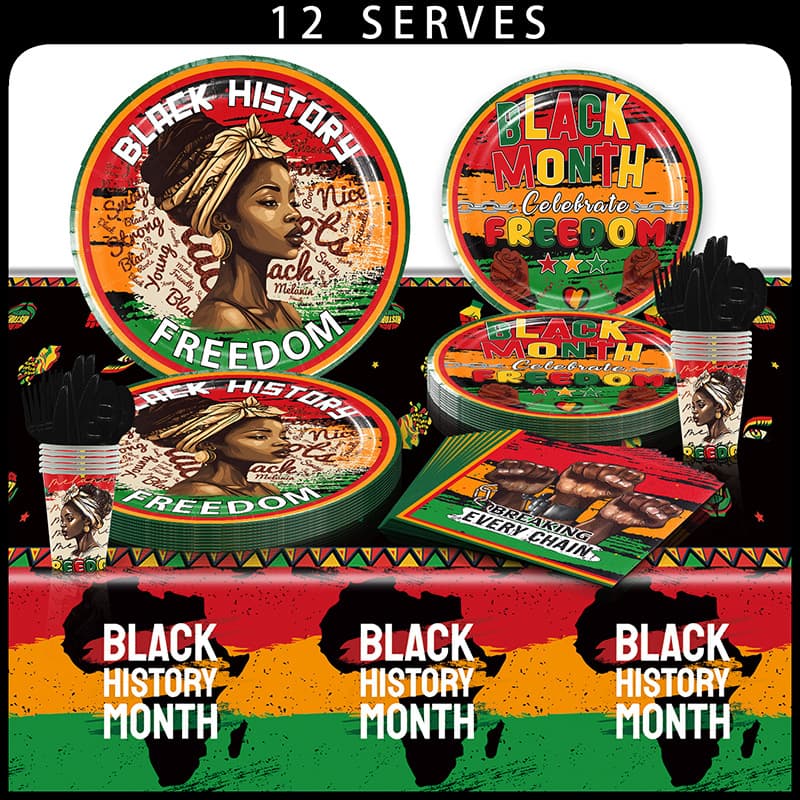 Cross-Border Black History Month Theme Party Disposable Tableware Paper Plates Cups Napkins Knives Forks Spoons Tablecloth Set