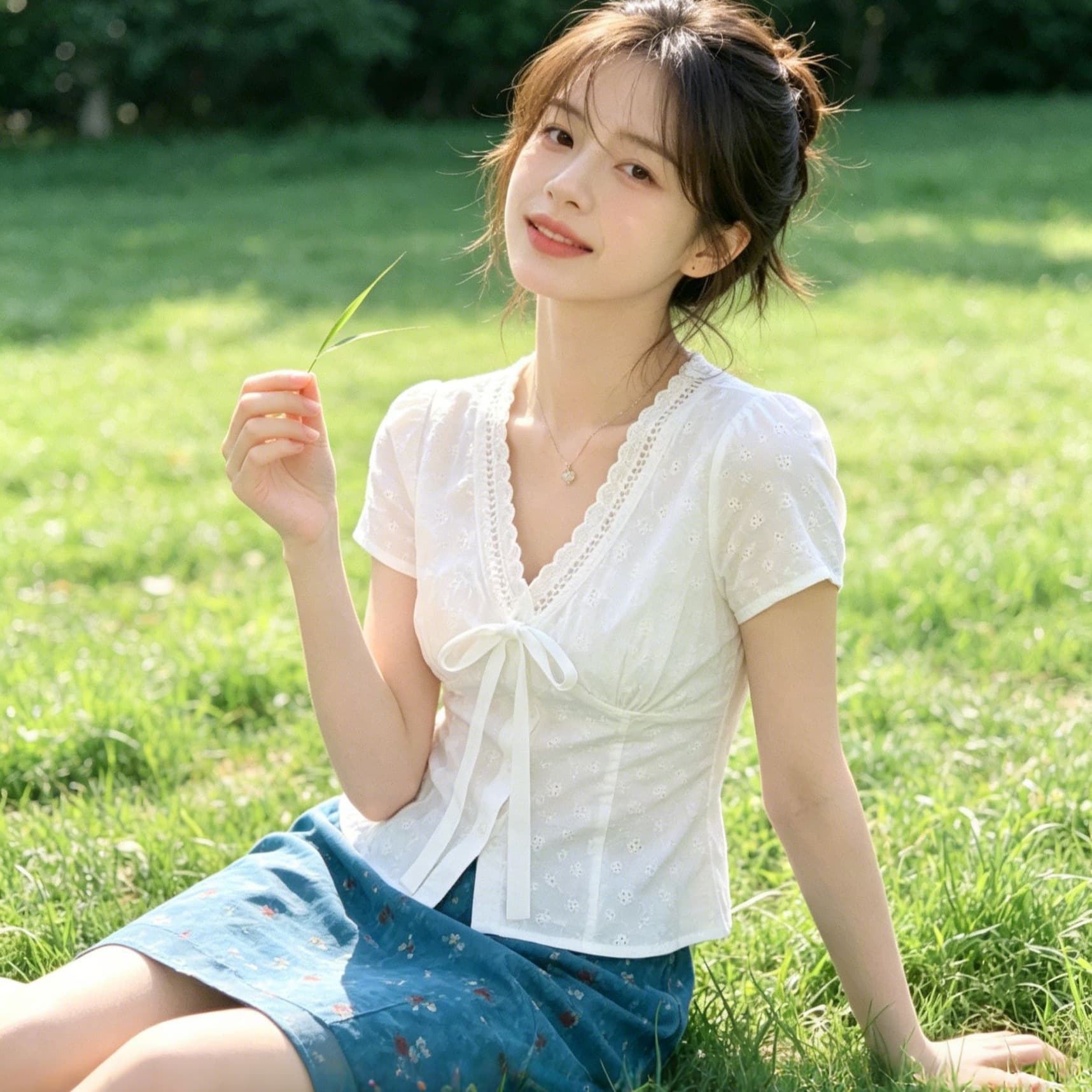 French Romantic Lace Embroidery V-Neck Short Sleeve Top for Women White Bow Tie Blouse Pure and Sweet Summer Wear
