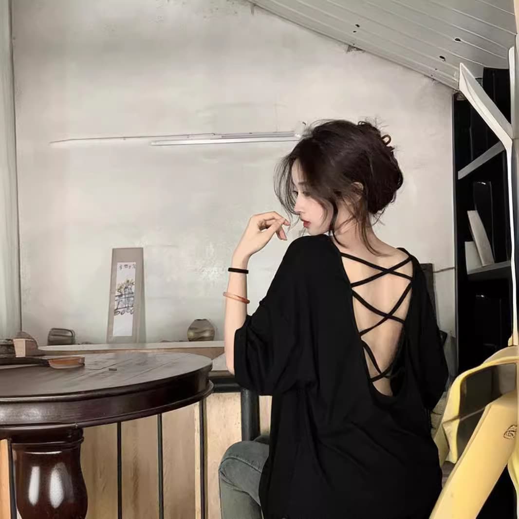 Plus-Size Stylish Backless Short-Sleeve T-Shirt for Women, 2026 Summer New Style, Casual Loose Mid-Length Top