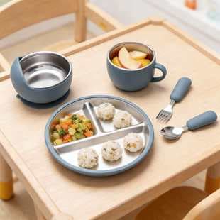 Cross-border 304 Stainless Steel Feeding 5-Piece Set Kids Silicone Tableware Non-Slip Divided Suction Plate Fork Spoon Bowl Set