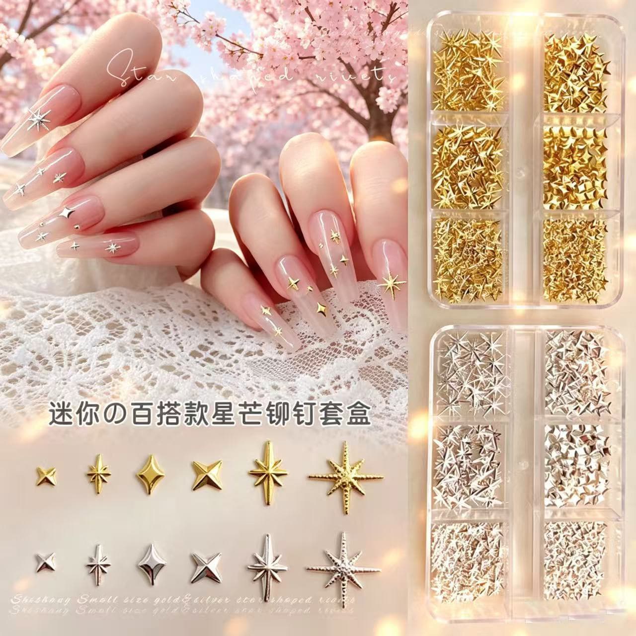 Cross-border popular star rivet nail art jewelry set boxed metallic silver nail diamond patch wearable nail accessories