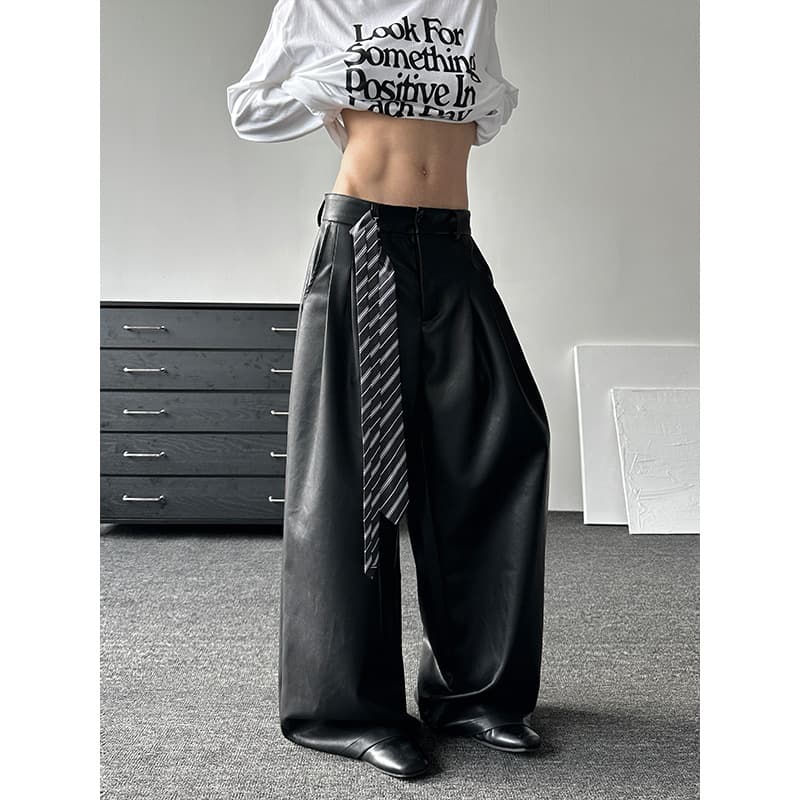 High-Quality Striped Belt 5U Leather Suit Wide-Leg Pants for Men and Women, Premium Draping Floor-Length Trousers 5K11575