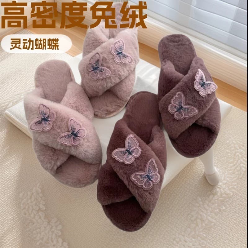 New style furry slippers cross-border foreign trade spring and autumn fashion butterfly home slippers thick-soled indoor slippers plush slippers