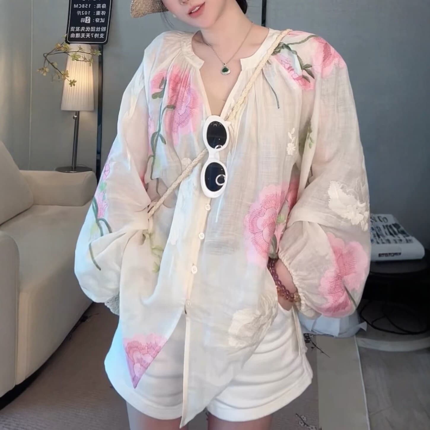 New Summer Ramie Embroidered Loose Shirt with Large Floral Artistic Gentle Versatile Heavy Craft Design Sun-Protection Top