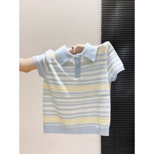 Dopamine Color-Blocking Striped Short-Sleeve Knit Top Women's Summer New School Style Polo Neck Fashion Top