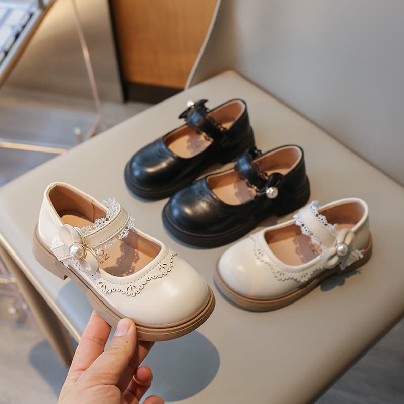 2025 New Girls' Leather Shoes, Children's Princess Shoes, Spring/Autumn British Style Solid Color Bow Pearl Soft-Soled Pumps