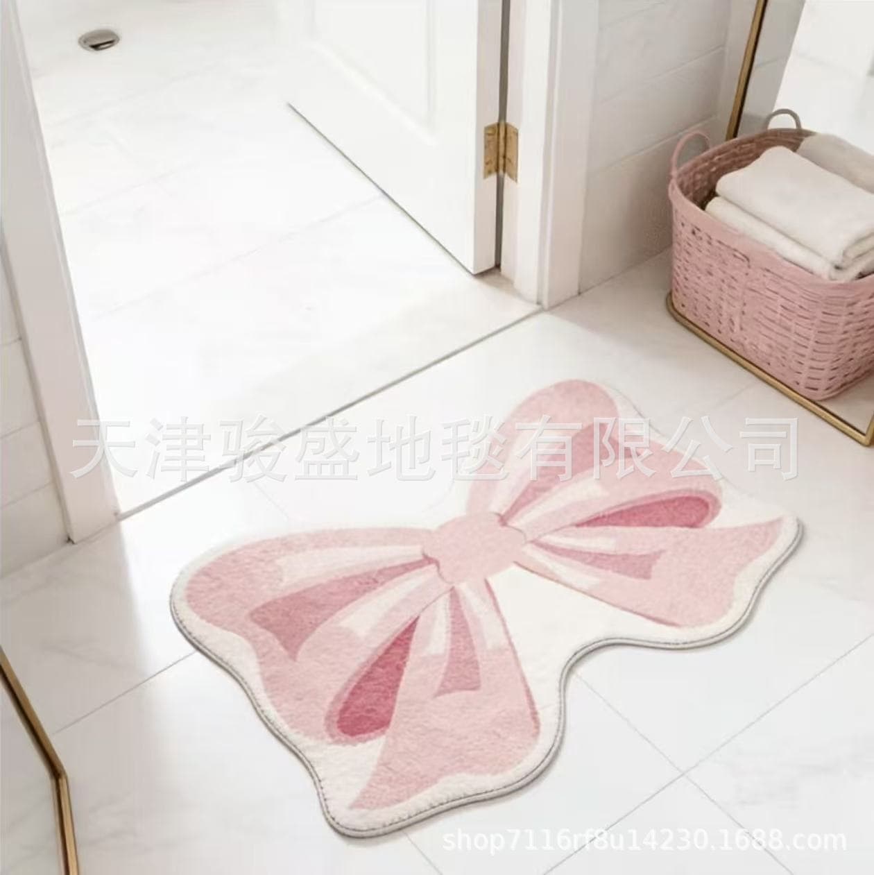 Pink Cute Bowknot Faux Cashmere Absorbent Non-Slip Mat, Home Bedroom Bedside Rug, Stain-Resistant Floor Mat