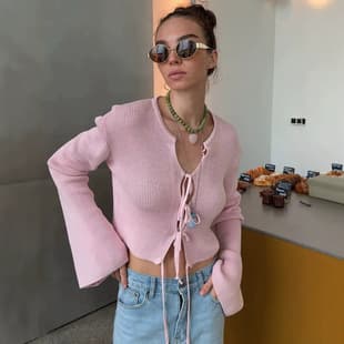 Cardigan Knitted Sexy Short Knit Cardigan Tie-Up Top