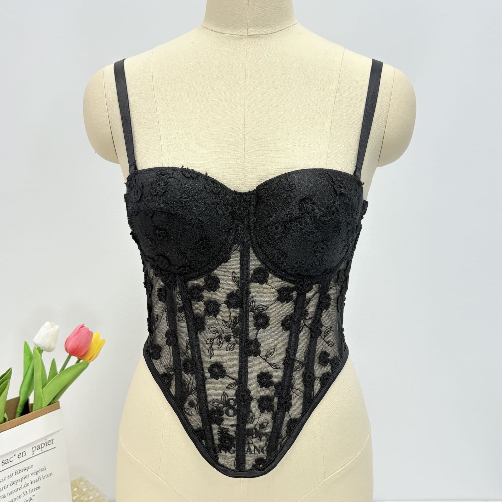 Cross-Border Amazon Mesh Boned Embossed Floral Embroidered Lace Nightclub Arc Tight Corset, European and American Style