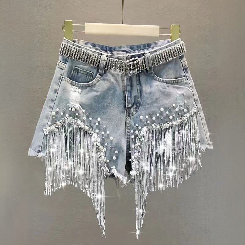 American Industrial Rhinestone Beaded Shorts for Women 2026 Summer New High-Waist Sequin Fringe Ripped Wide-Leg Hot Pants Trendy