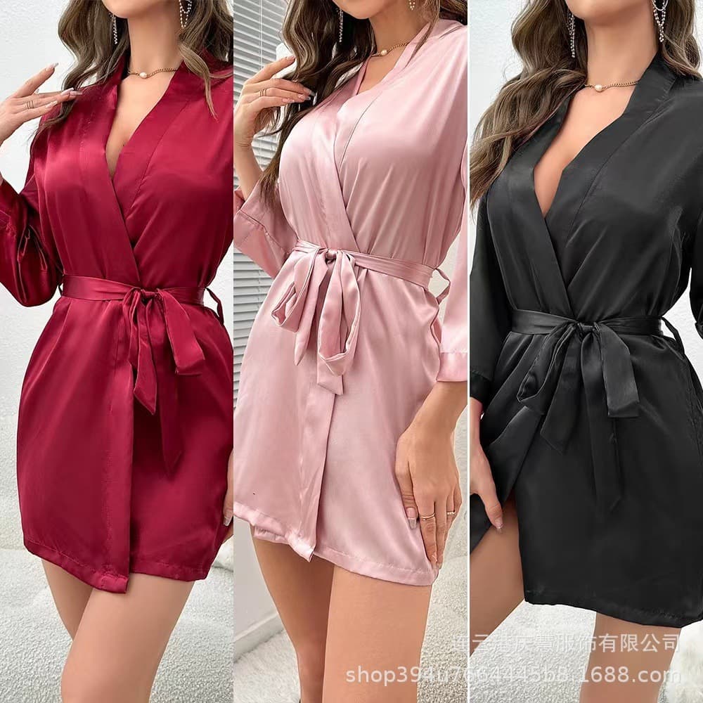 European American Cross-Border Women's Tie Bathrobe Sexy Wearable Sleepwear Comfortable Ice Silk Feel Homewear Morning Robe