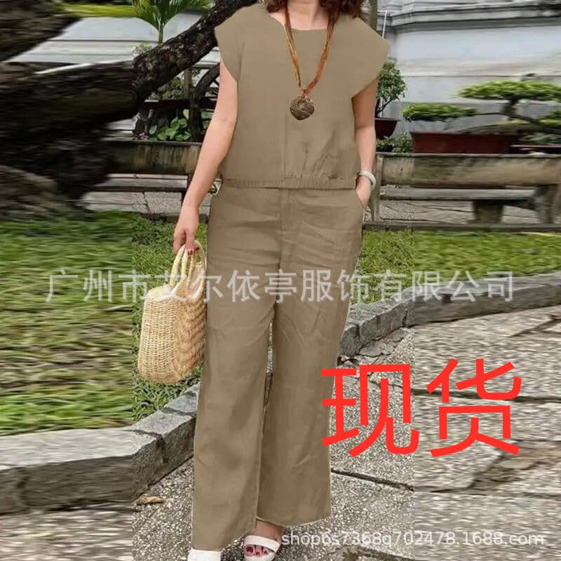 2024 New Women's Cotton Linen Elegant Loose-fit Fashion Short Sleeves Top Trousers Suit Casual Day Clothing Ensemble