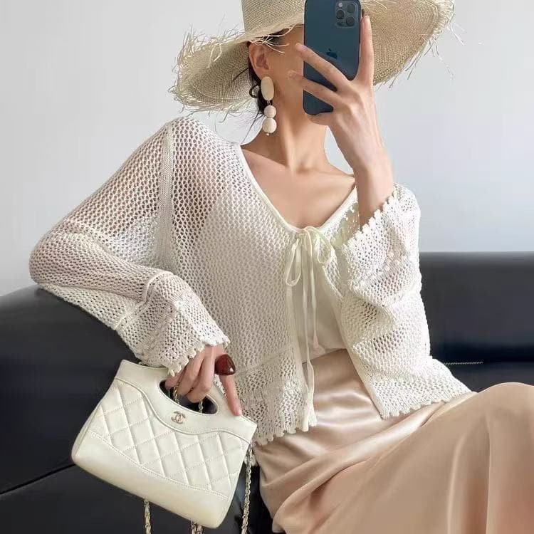 2026 Summer New Hollow Knit Cardigan with Skirt Women's Tie-Front Outerwear Sun Protection Open-Front Thin Short Top Capelet