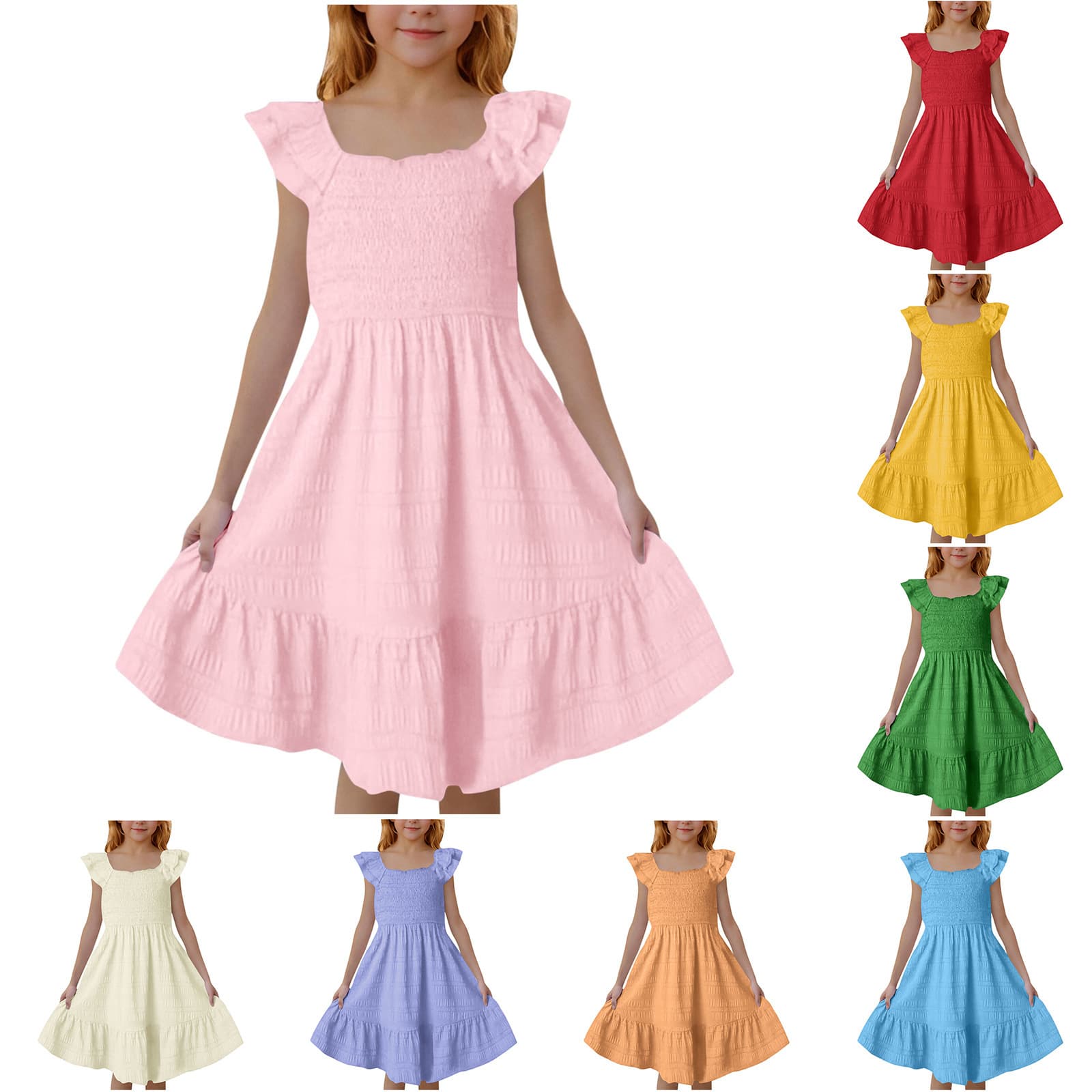European and American Girls' Dresses Cross-Border Medium and Large Children's Clothing Spring and Summer New Amazon Bubble Wrinkle Flying Sleeves Large Hem Princess Dress