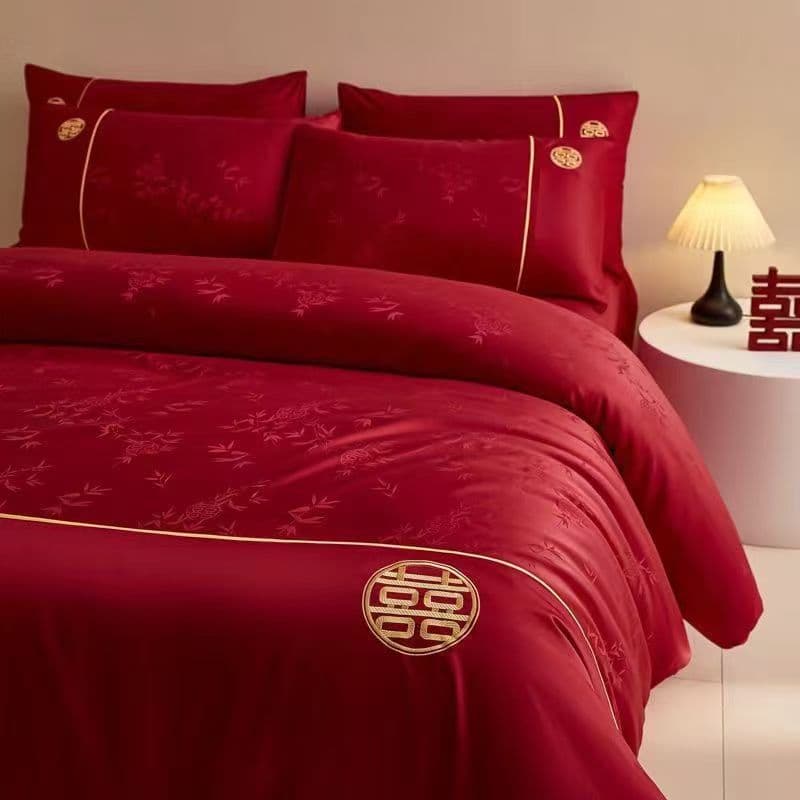 New Chinese style jacquard wedding four-piece set, bright red wedding duvet cover, wedding bed sheet, bedding wholesale.