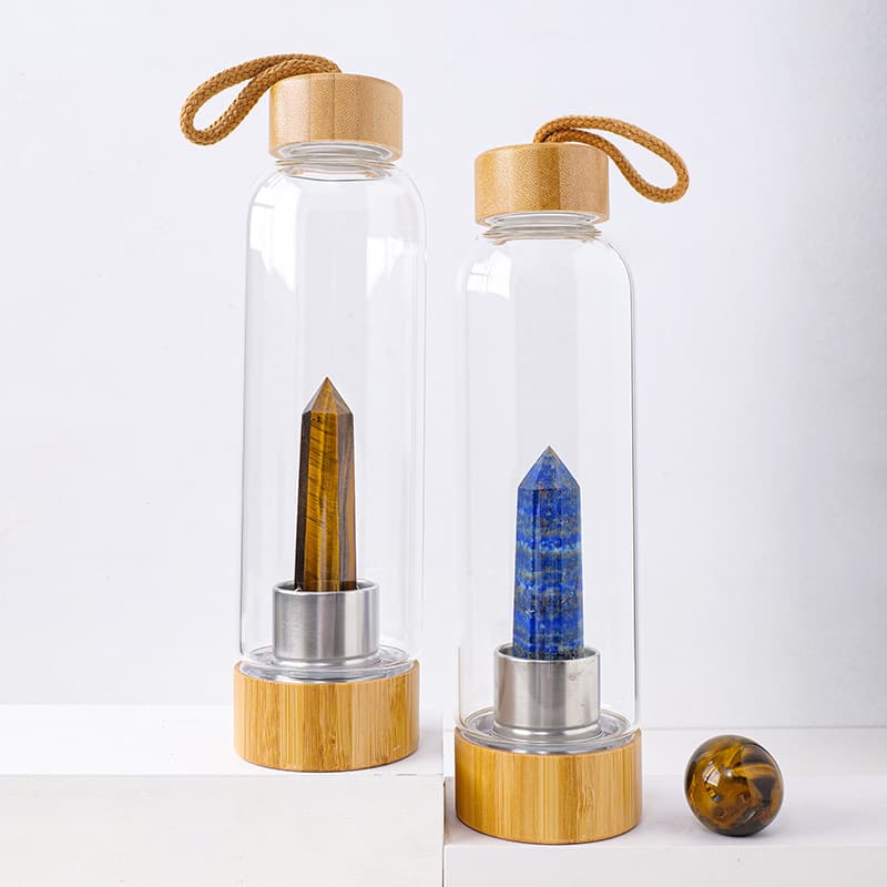 Donghai Crystal Energy Cup Natural Crystal Six-Sided Single-Point Column Bamboo Lid Glass Sports Water Bottle with Carry Strap Tea Cup