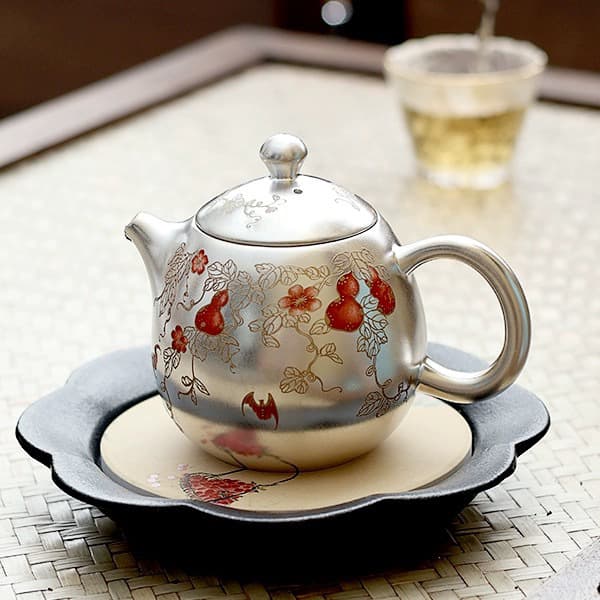 Shuhan high-end gilt silver Fulu Bandai 99 silver porcelain covered silver teapot single pot purely handmade teapot Kung Fu tea set