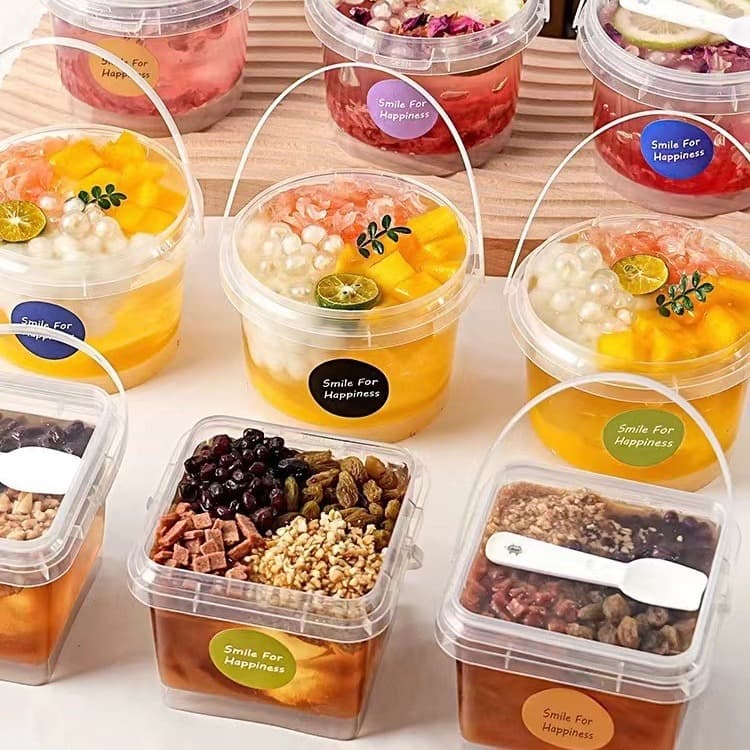 365ml In Stock Portable Transparent Sealed Plastic Bucket Square Bucket Round Bucket Dessert Milk Tea Bucket Cake Box with Disposable
