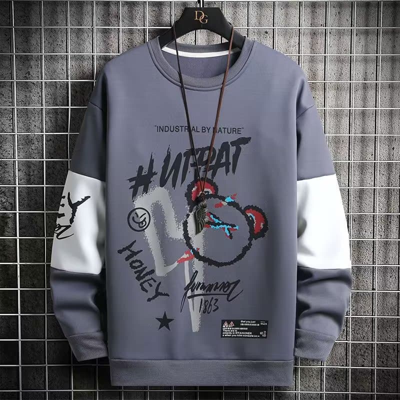 Crewneck Sweatshirt for Men Autumn Winter Fleece-Lined Thick Print Plus Size Long Sleeve T-Shirt Contrast Color Ins Base Layer