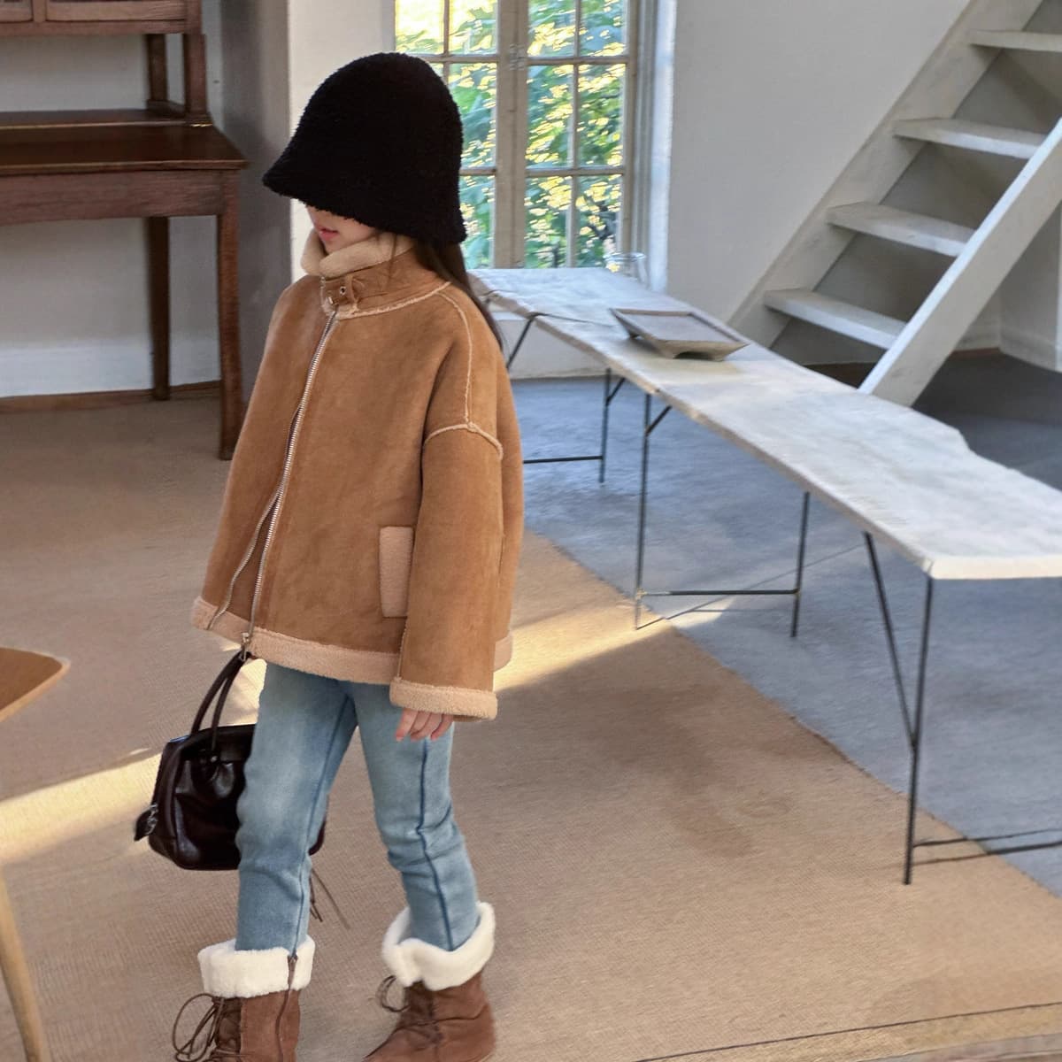 Princess Yu Yu Girls' Winter Fur-lined Overcoat, Thickened Lambswool Suede Motorcycle Jacket