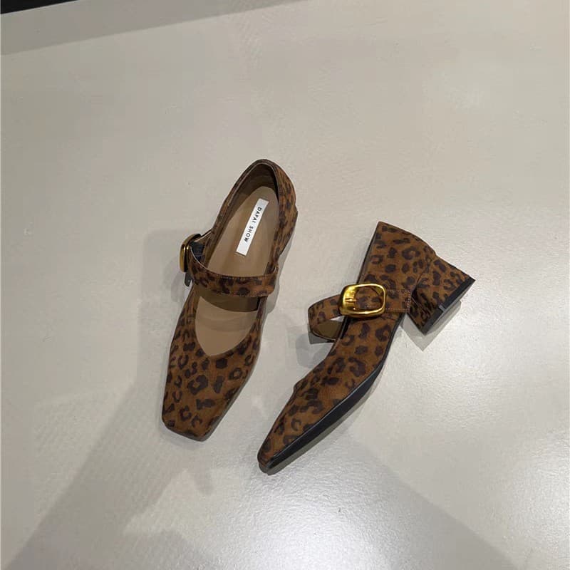 Vintage Chunky Heel Suede Square Toe Shoes Women's 2025 Spring and Autumn New fleece-lined Leopard Print Buckle Belt Mary Jane Shoes