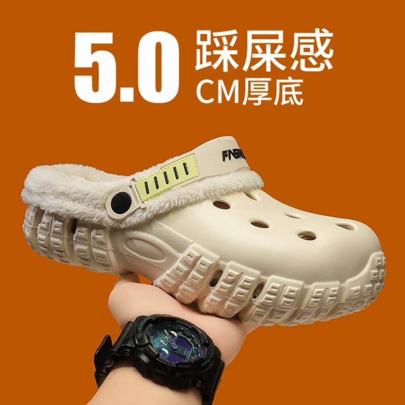 Winter Two-Strap Enclosed Toe Two-Strap Crocs Couple's Style Thick-Soled Tire Tread Anti-Slip Beach Shoes Plush Warm Slippers