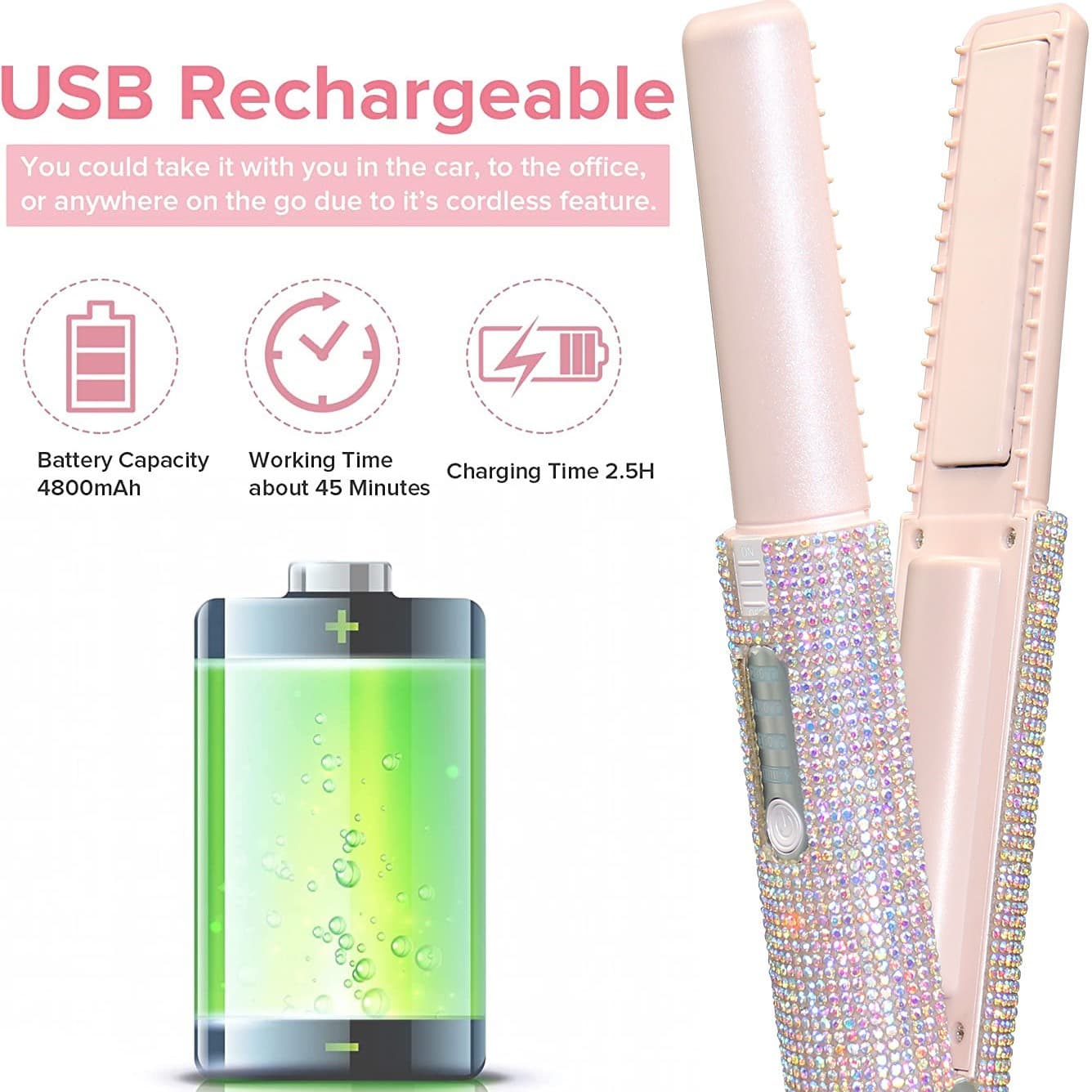 Cross-border Bestseller Fast Heating Mini Wireless Portable Crystal Rhinestone Curling Iron & Hair Straightener