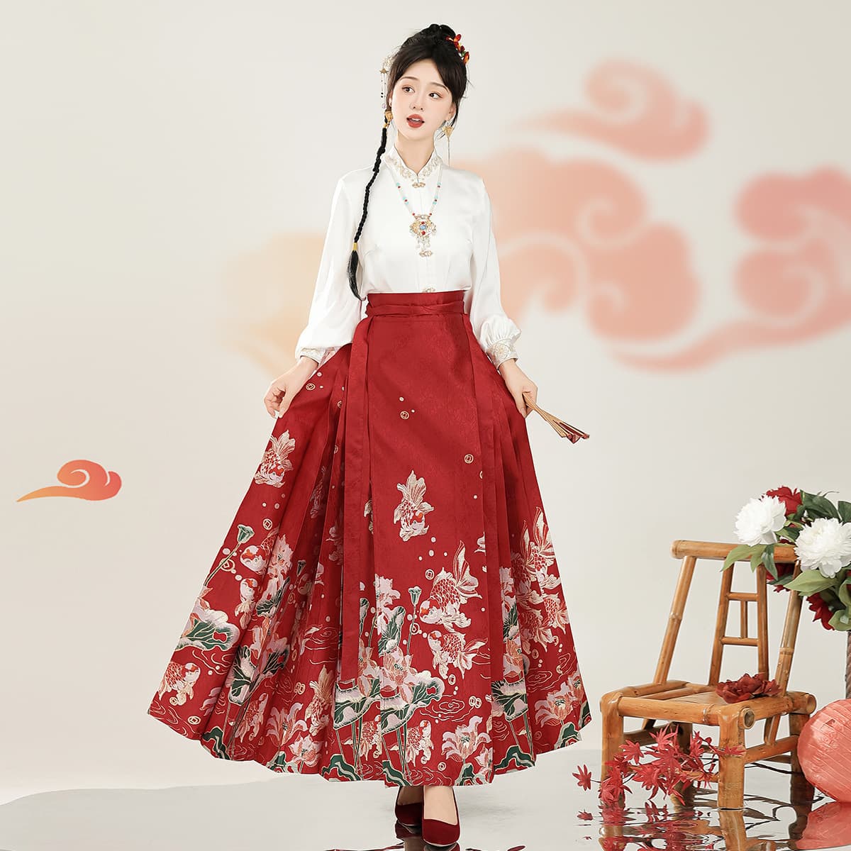 Original Design Lotus and Fish Hanfu Women Chinese Style Modified Han Elements New Chinese Long Horse-Face Skirt 9292