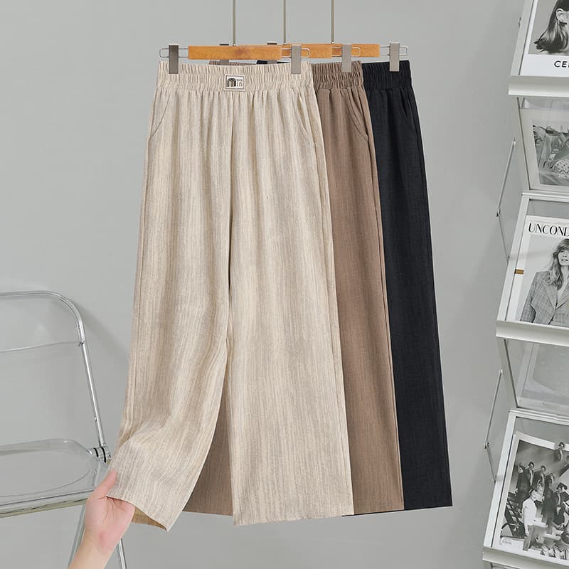 Summer new high-waisted wide-leg pants for women, loose nine-point pants, elastic waist, ice silk fabric, mother's wear, casual and versatile