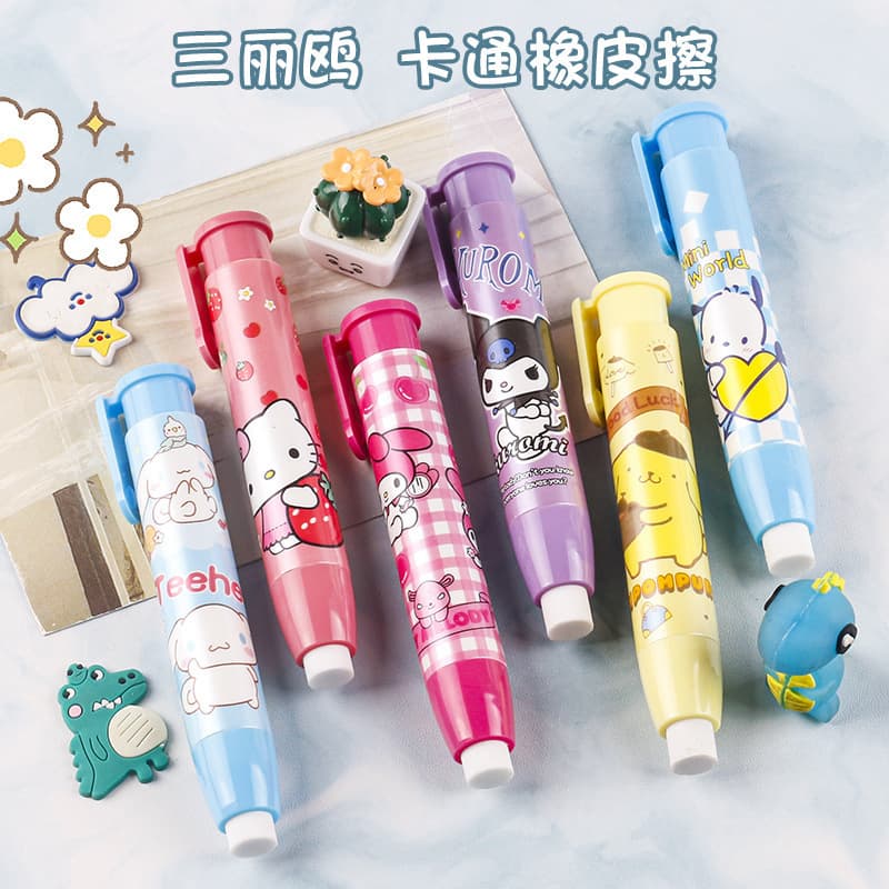 Sanrio Push-Type Eraser, Cute Cartoon Eraser with Correct Grip, Refillable, Soft, Clean, Pencil Eraser