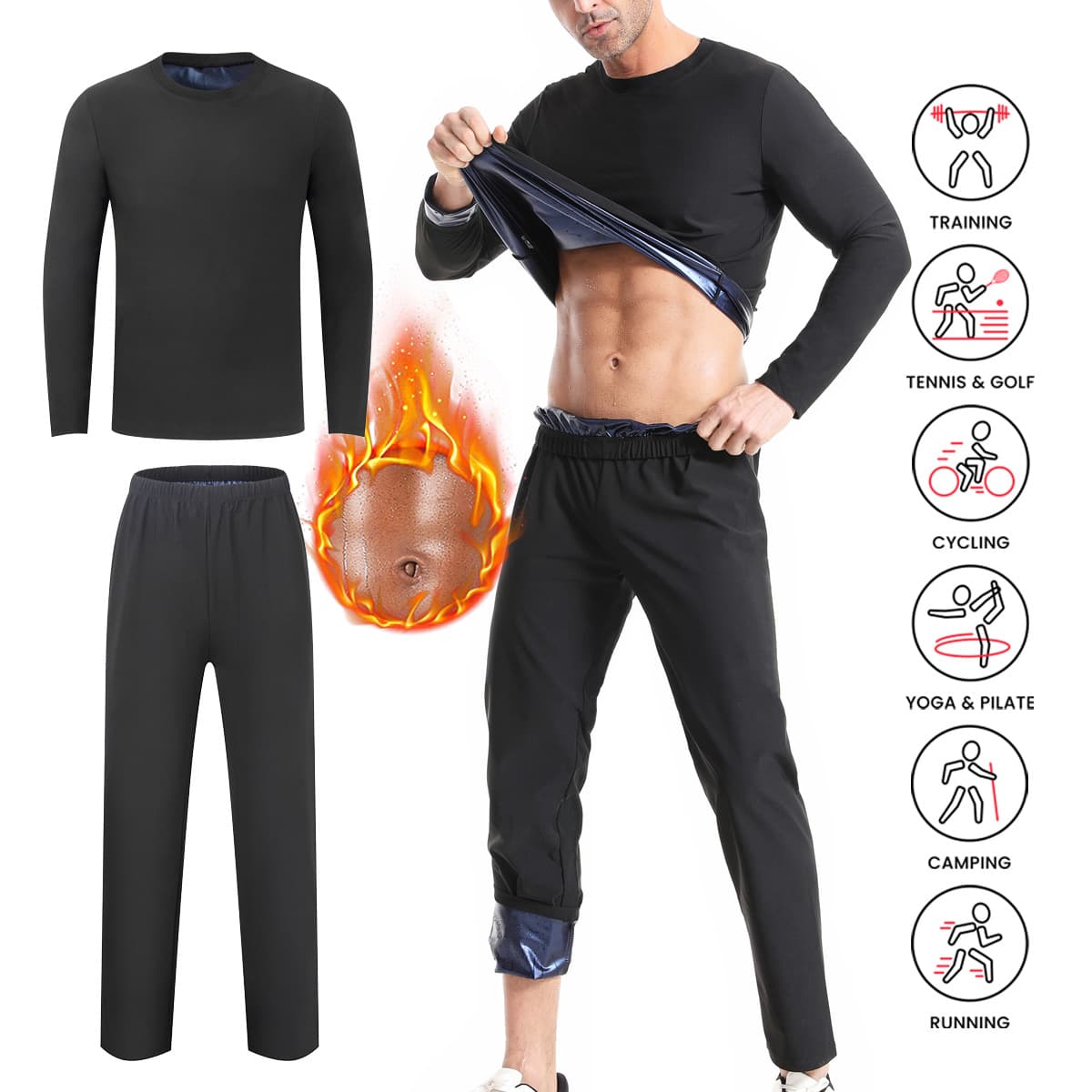 Men's Sweat Suit Long Sleeve and Pants Set, European and American Large Size Sweat-Inducing Fitness Wear for Exercise and Body Shaping
