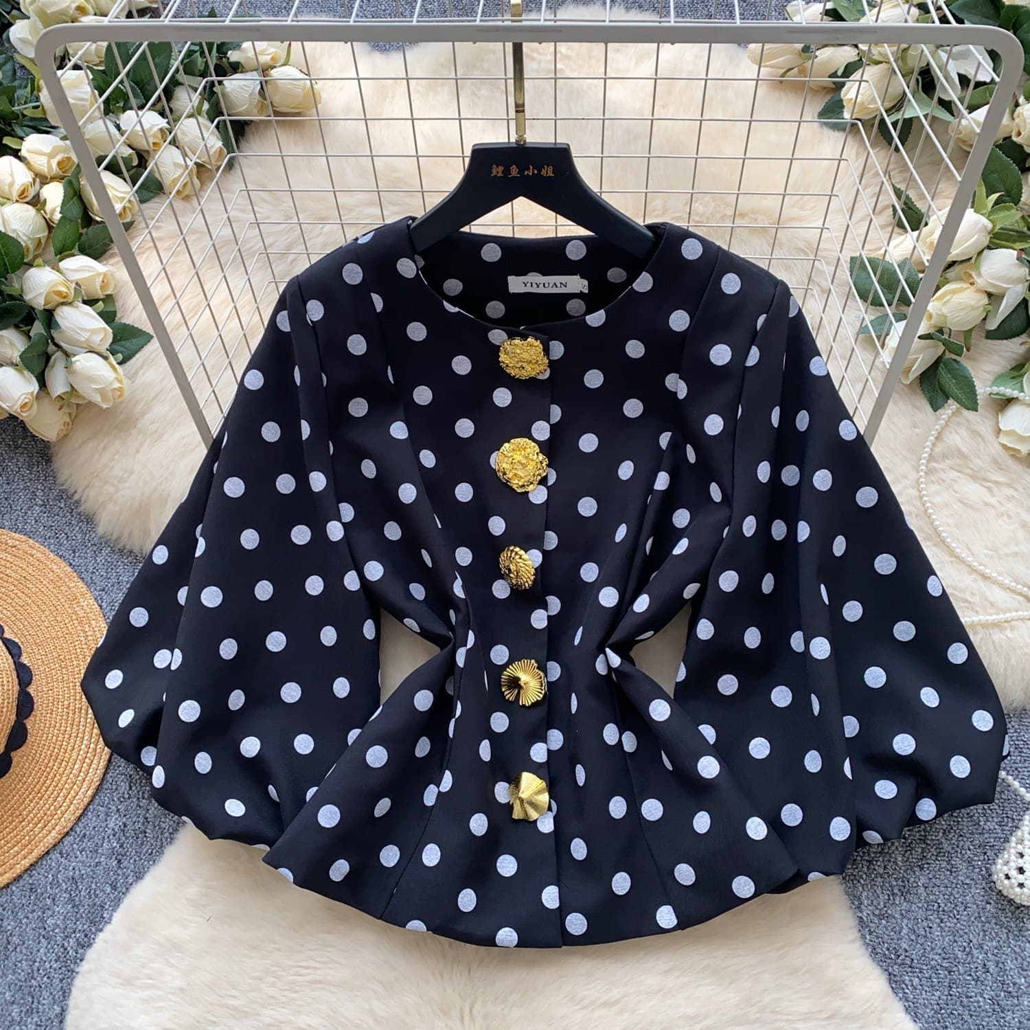 Cross-border Retro Polka Dot Top Metal Button Loose Puff Sleeve Shirt Women's Autumn French New Top