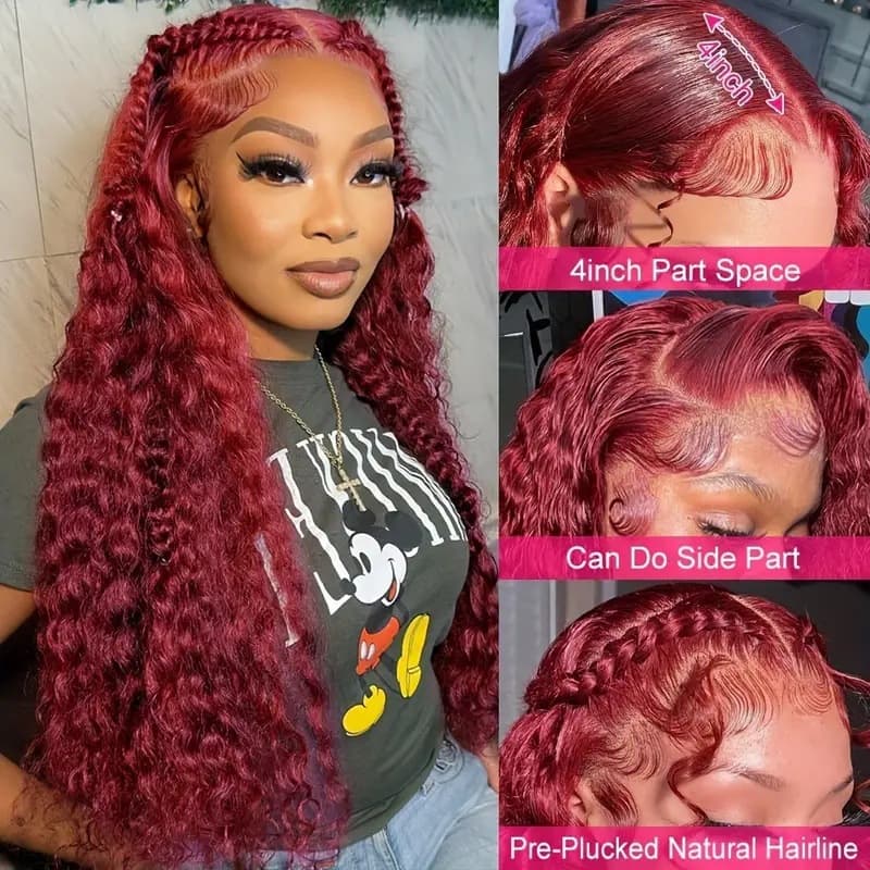 Lace Front Wine Red Real Human Hair Long Curly Wig Cross-border African Small Curly Hair Middle Part Realistic Full Head